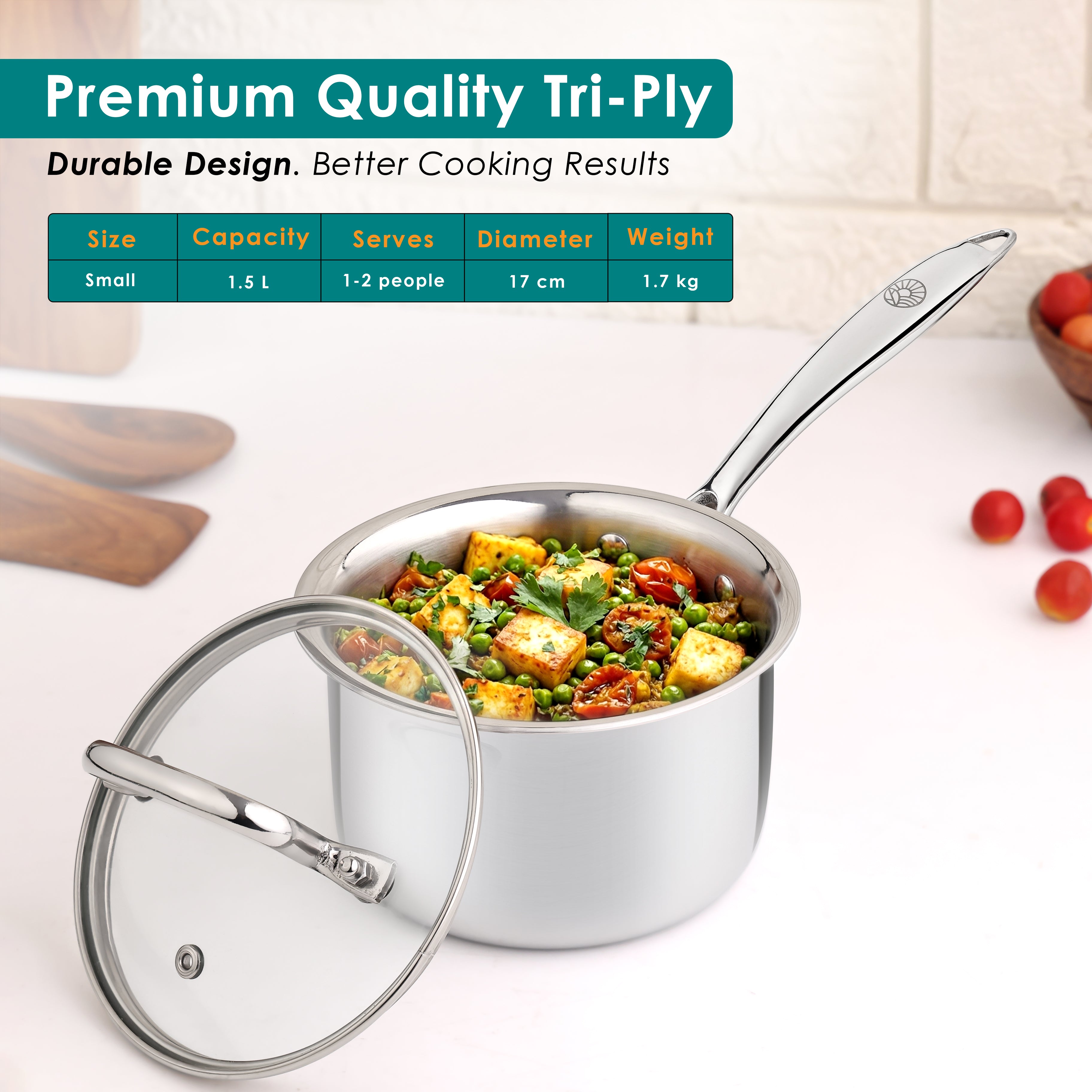 Premium TRI-PLY SAS Sauce Pan 1.5L with Lid - HSG Kitchen Avartan Series