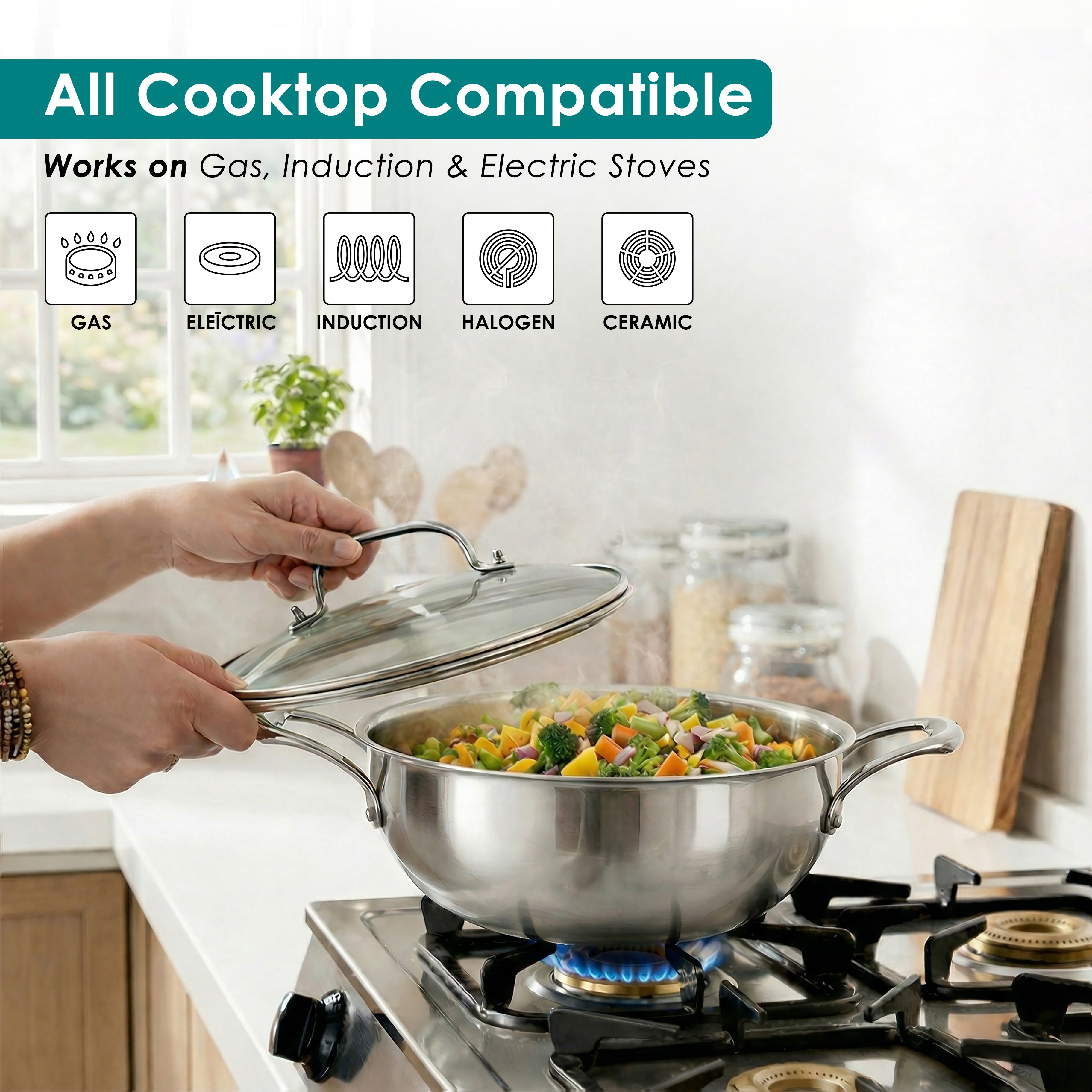 Premium TRI-PLY SAS Stainless Steel Deep Kadai with Lid (1.5 L)