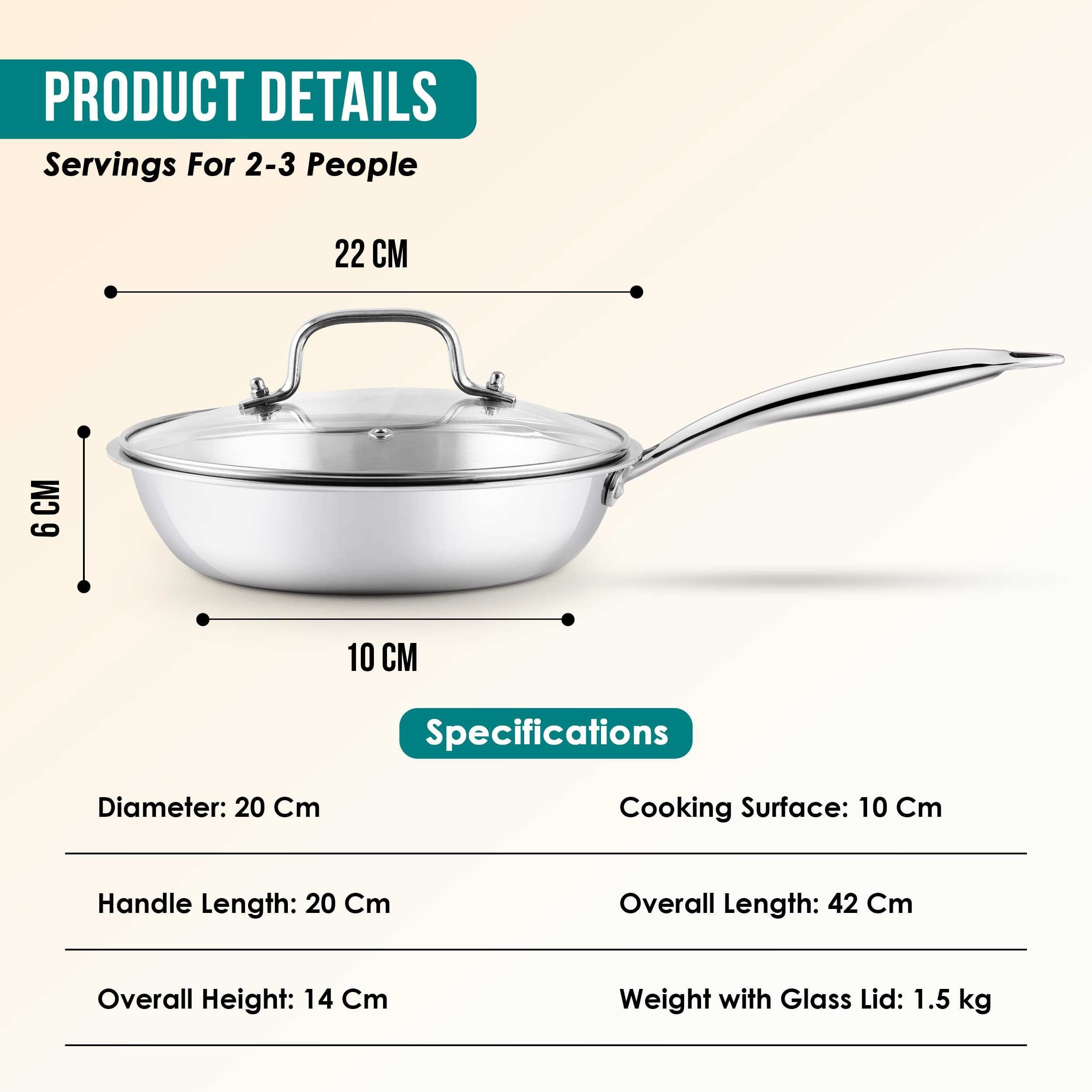 Premium TRI-PLY Triply Fry Pan Taper Side Style w/Glass Lid - 20 CM/1L - HSG Kitchen Avartan Series