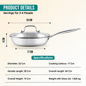 Premium  TRI-PLY Triply Fry Pan Taper Side Style w/Glass Lid - 22 CM/1.5L -  HSG Kitchen Avartan Series