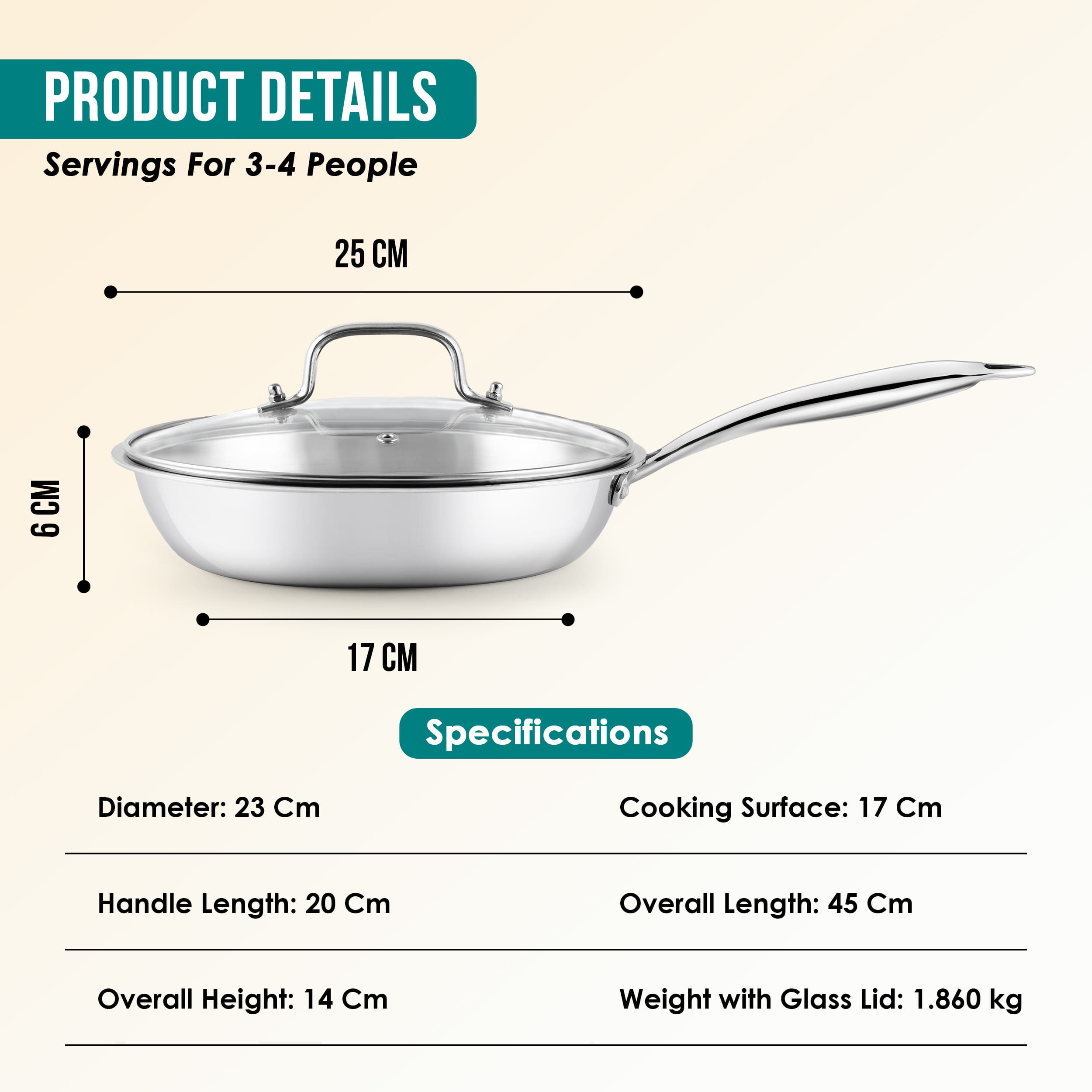Premium  TRI-PLY Triply Fry Pan Taper Side Style w/Glass Lid - 22 CM/1.5L -  HSG Kitchen Avartan Series