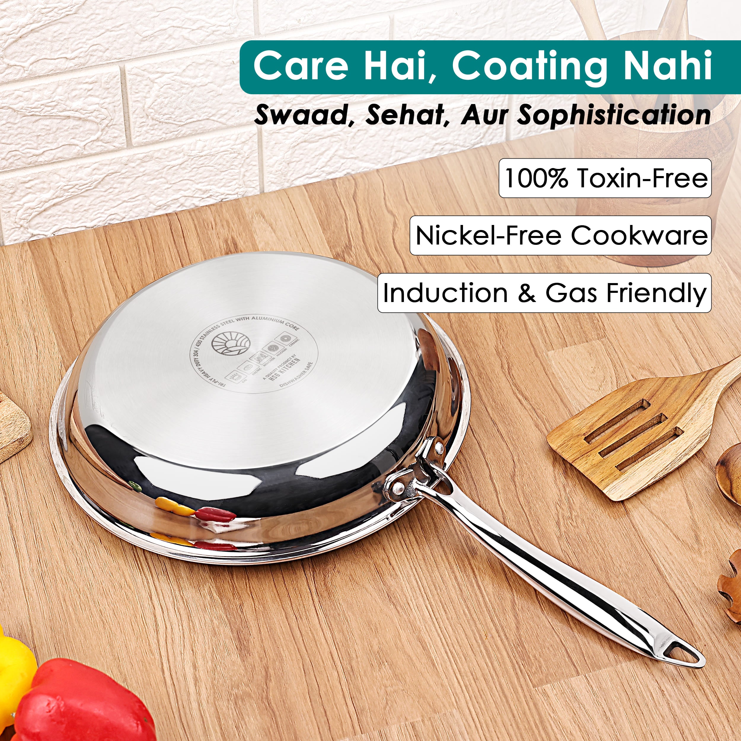 Premium  TRI-PLY Triply Fry Pan Taper Side Style w/Glass Lid - 22 CM/1.5L -  HSG Kitchen Avartan Series