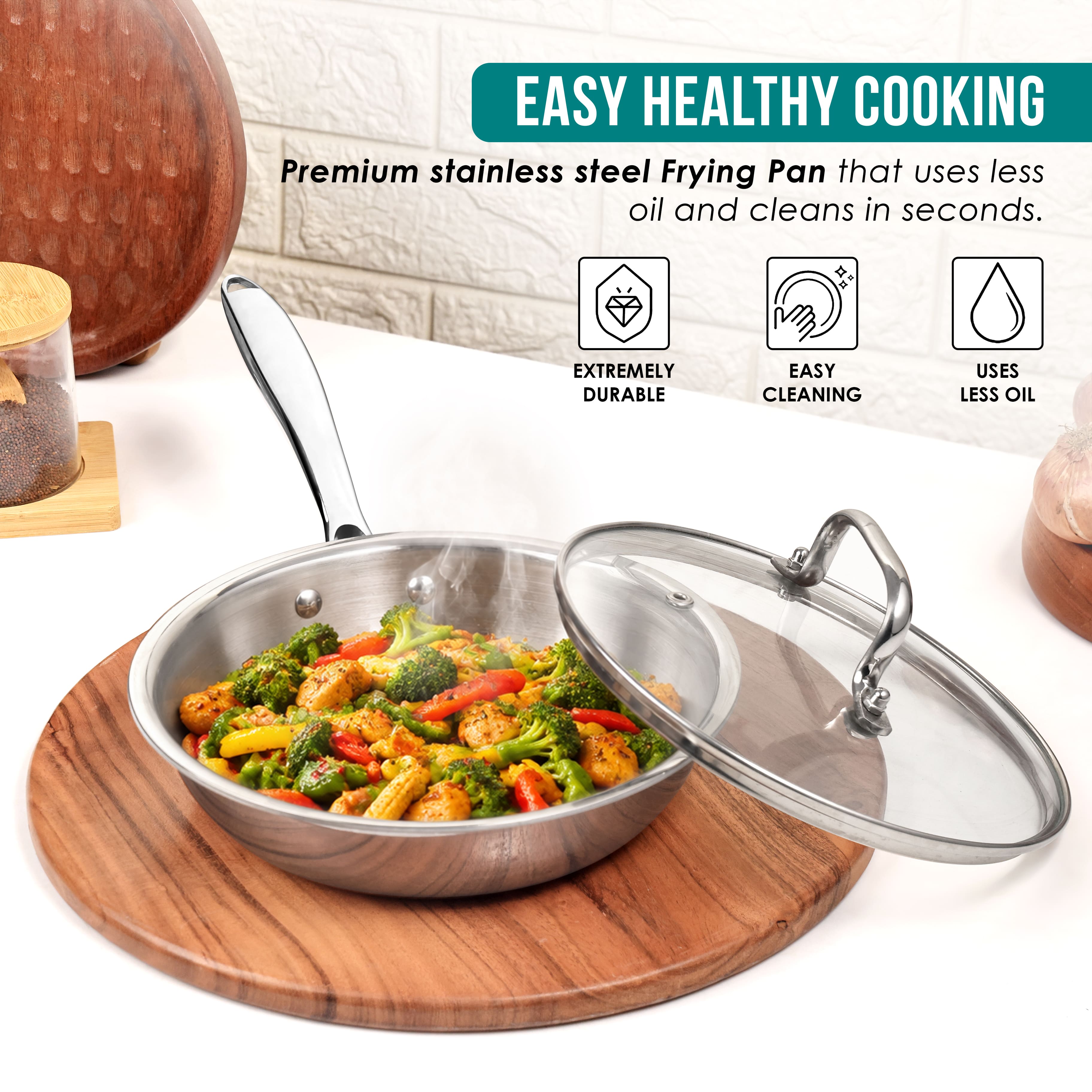 Premium TRI-PLY Triply Fry Pan Taper Side Style w/Glass Lid - 20 CM/1L - HSG Kitchen Avartan Series