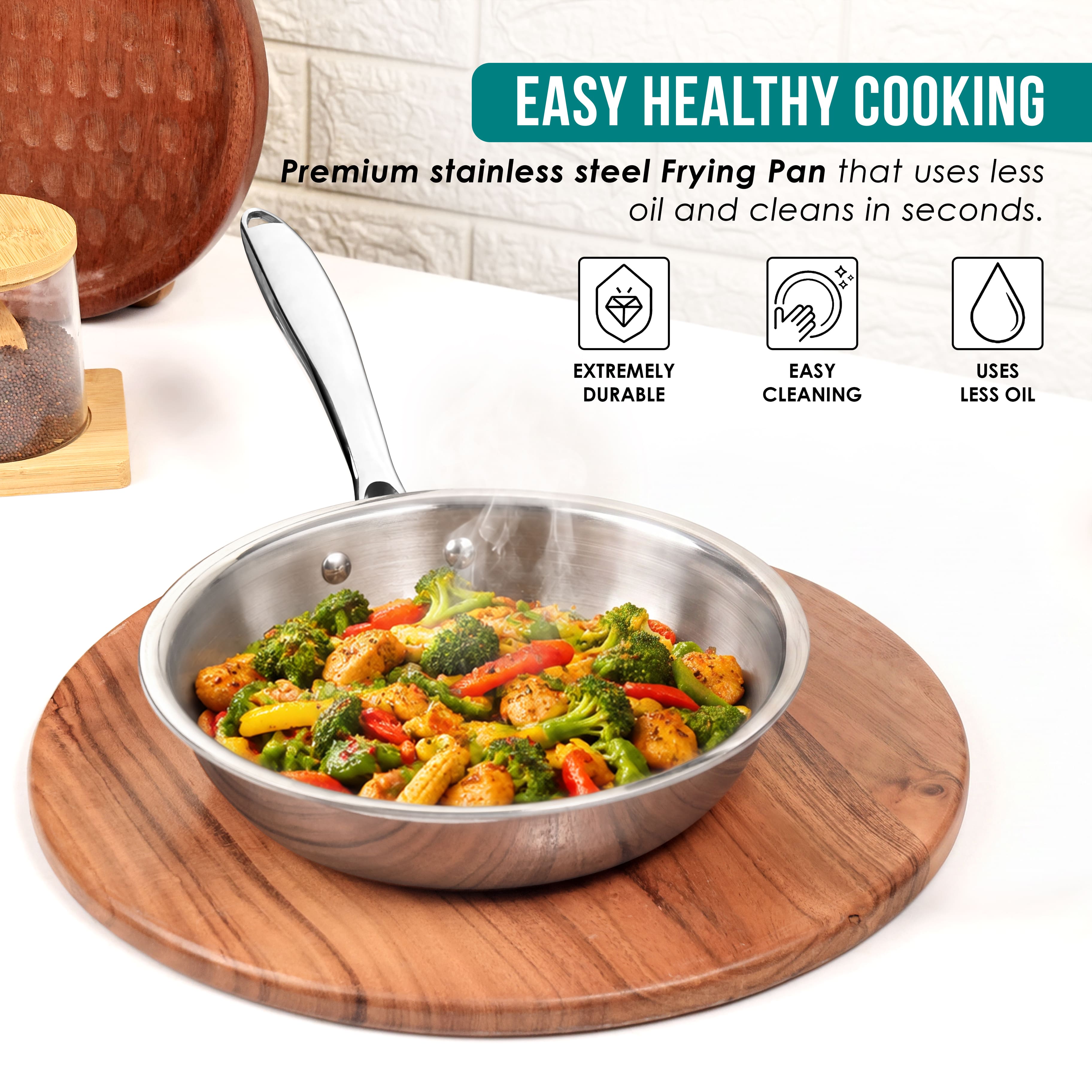 Premium TRI-PLY  Triply Fry Pan Taper Side Style w/out Lid - 20 CM/1L - HSG Kitchen Avartan Series