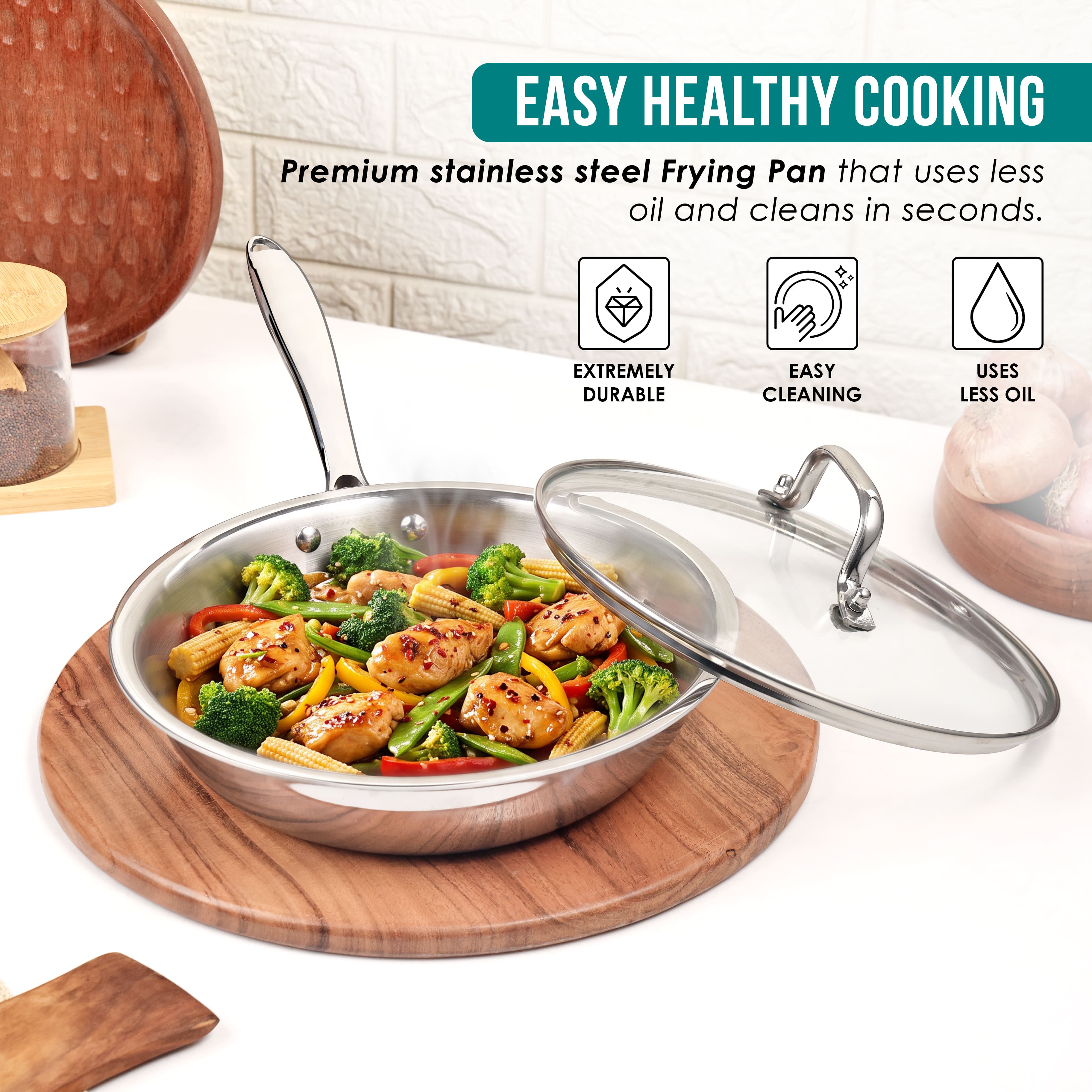 Premium  TRI-PLY Triply Fry Pan Taper Side Style w/Glass Lid - 22 CM/1.5L -  HSG Kitchen Avartan Series