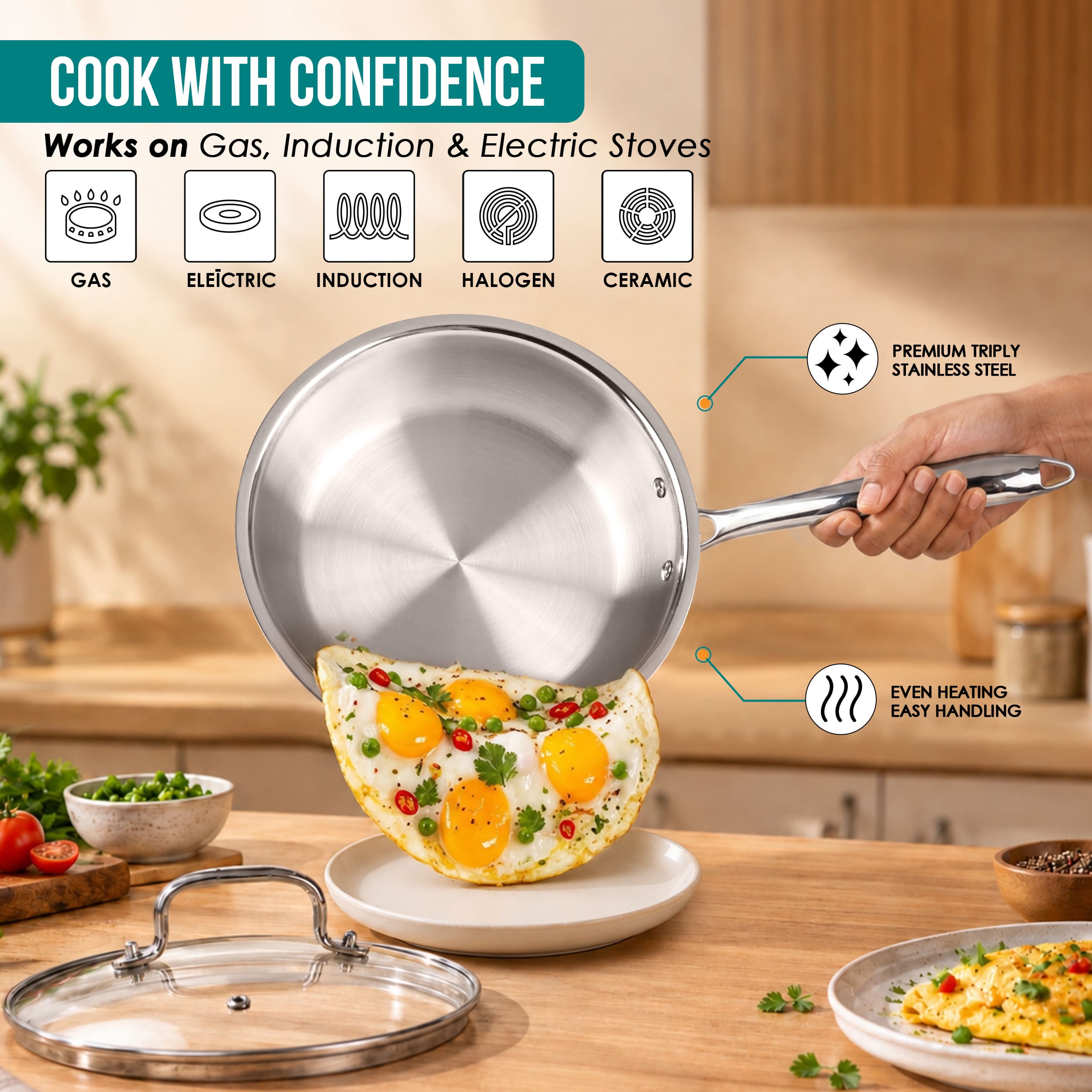 Premium  TRI-PLY Triply Fry Pan Taper Side Style w/Glass Lid - 22 CM/1.5L -  HSG Kitchen Avartan Series