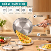 Premium TRI-PLY Triply Fry Pan Taper Side Style w/Glass Lid - 20 CM/1L - HSG Kitchen Avartan Series