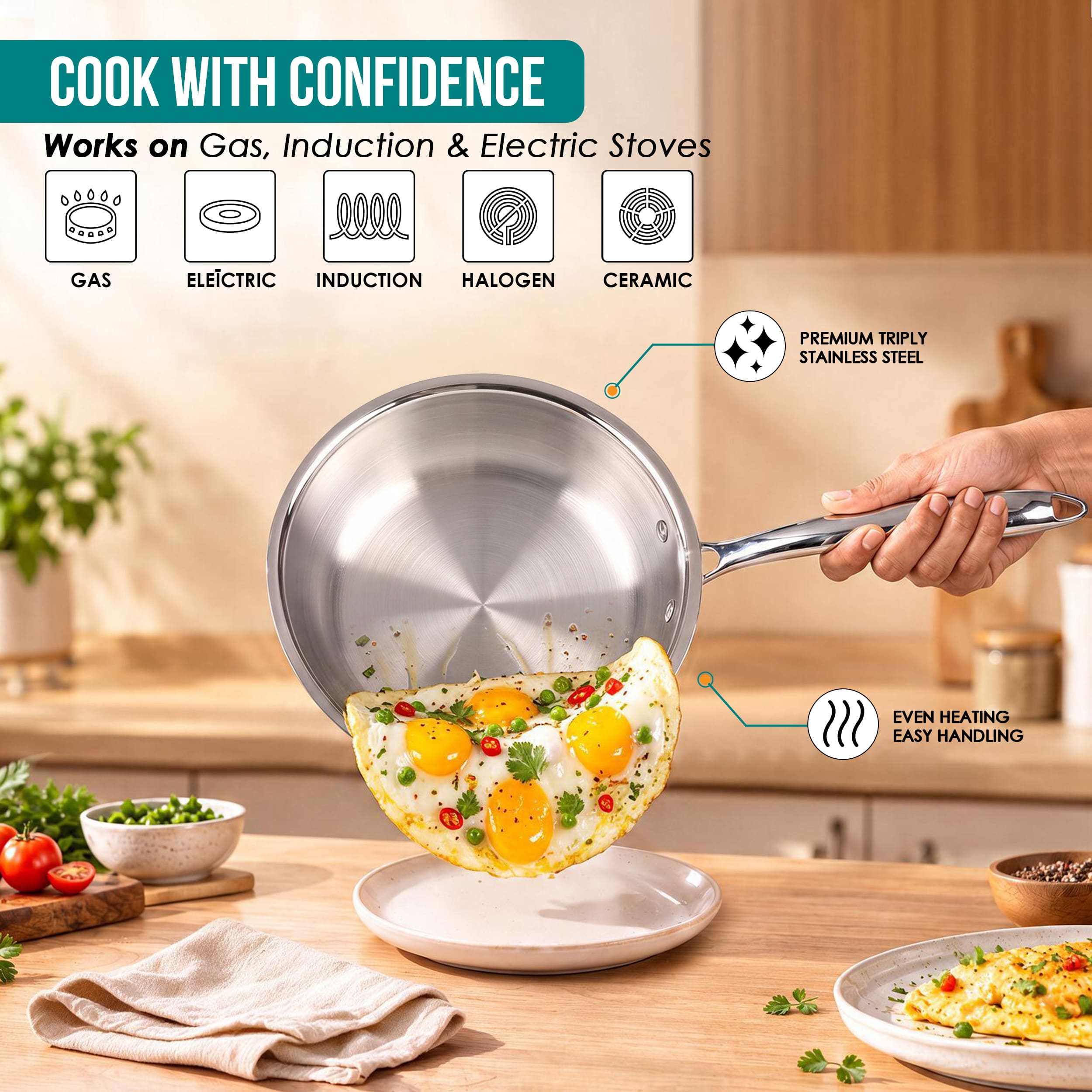 Premium TRI-PLY  Triply Fry Pan Taper Side Style w/out Lid - 20 CM/1L - HSG Kitchen Avartan Series