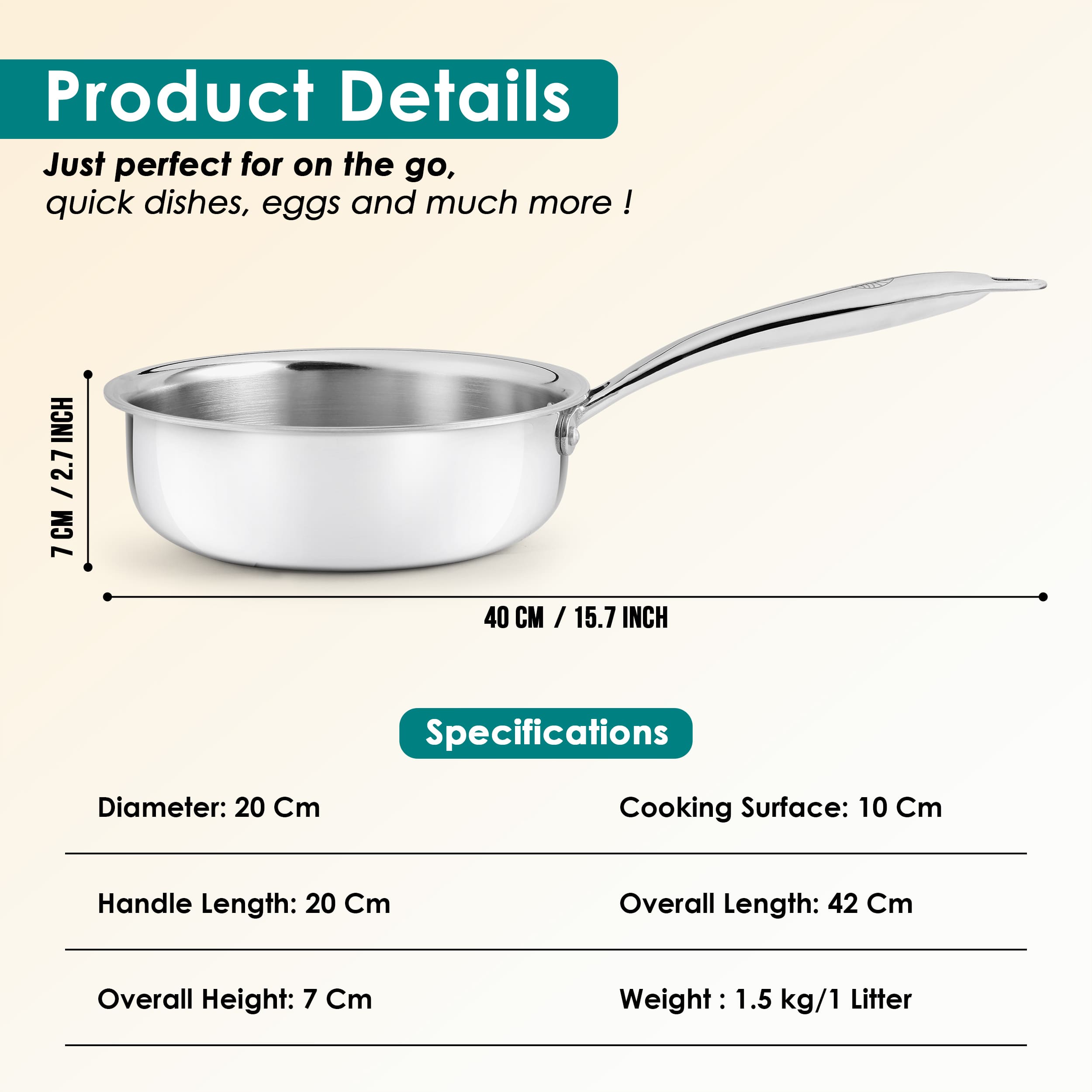 Premium  TRI-PLY Frying Pan 1 L/20cm (Without Lid) - HSG Kitchen Avartan Series