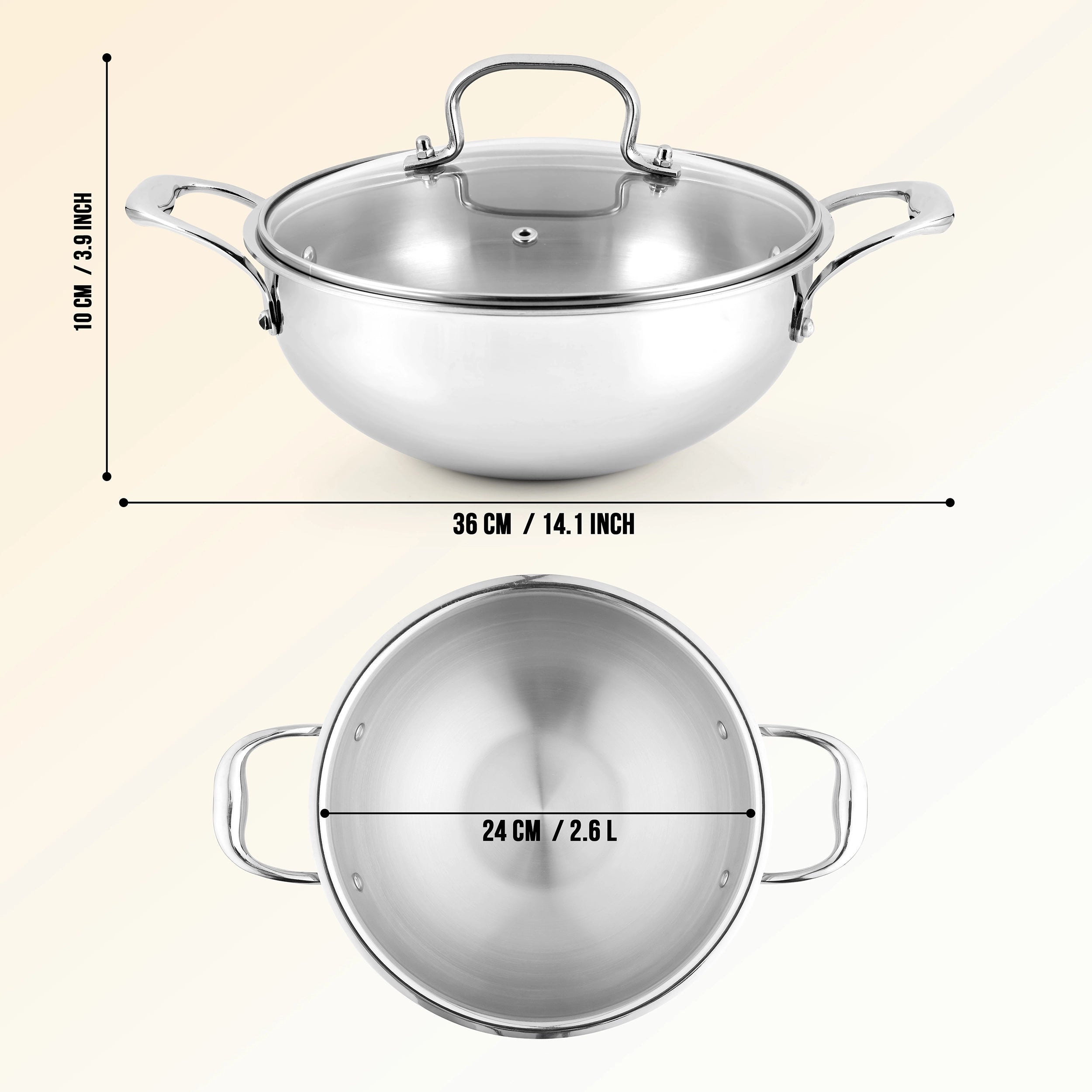 Premium TRI-PLY SAS Stainless Steel Deep Kadai with Lid (2.6 L) - HSG Kitchen Avartan Series