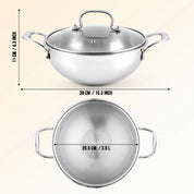 Premium TRI-PLY SAS Stainless Steel Deep Kadai with Lid (3.5 L) - HSG Kitchen Avartan Series