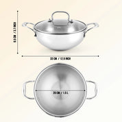 Premium TRI-PLY SAS Stainless Steel Deep Kadai with Lid (1.5 L) - HSG Kitchen Avartan Series