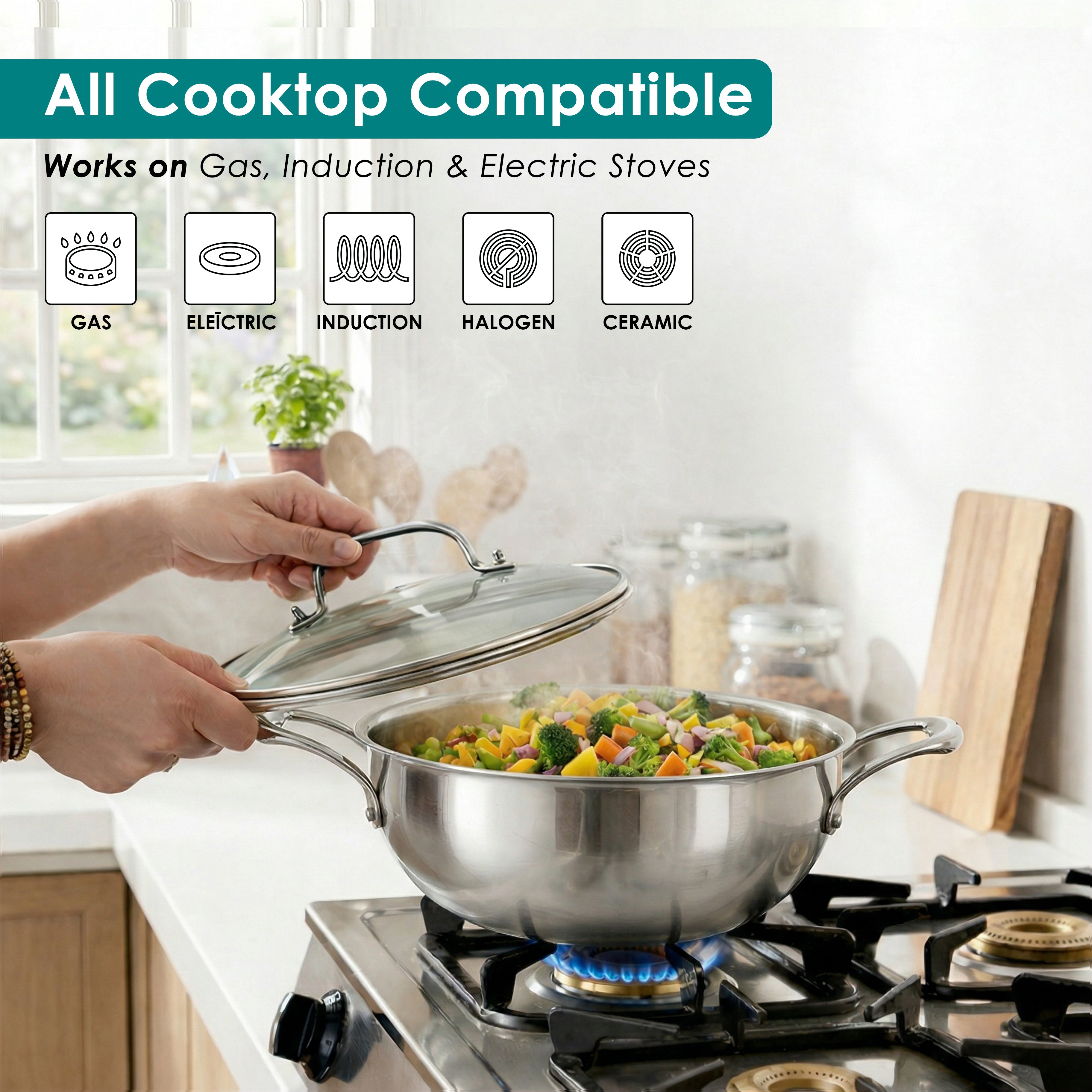 Premium TRI-PLY SAS Stainless Steel Deep Kadai with Lid (2.6 L) - HSG Kitchen Avartan Series