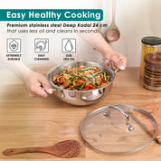 Premium TRI-PLY SAS Stainless Steel Deep Kadai with Lid (2.6 L) - HSG Kitchen Avartan Series