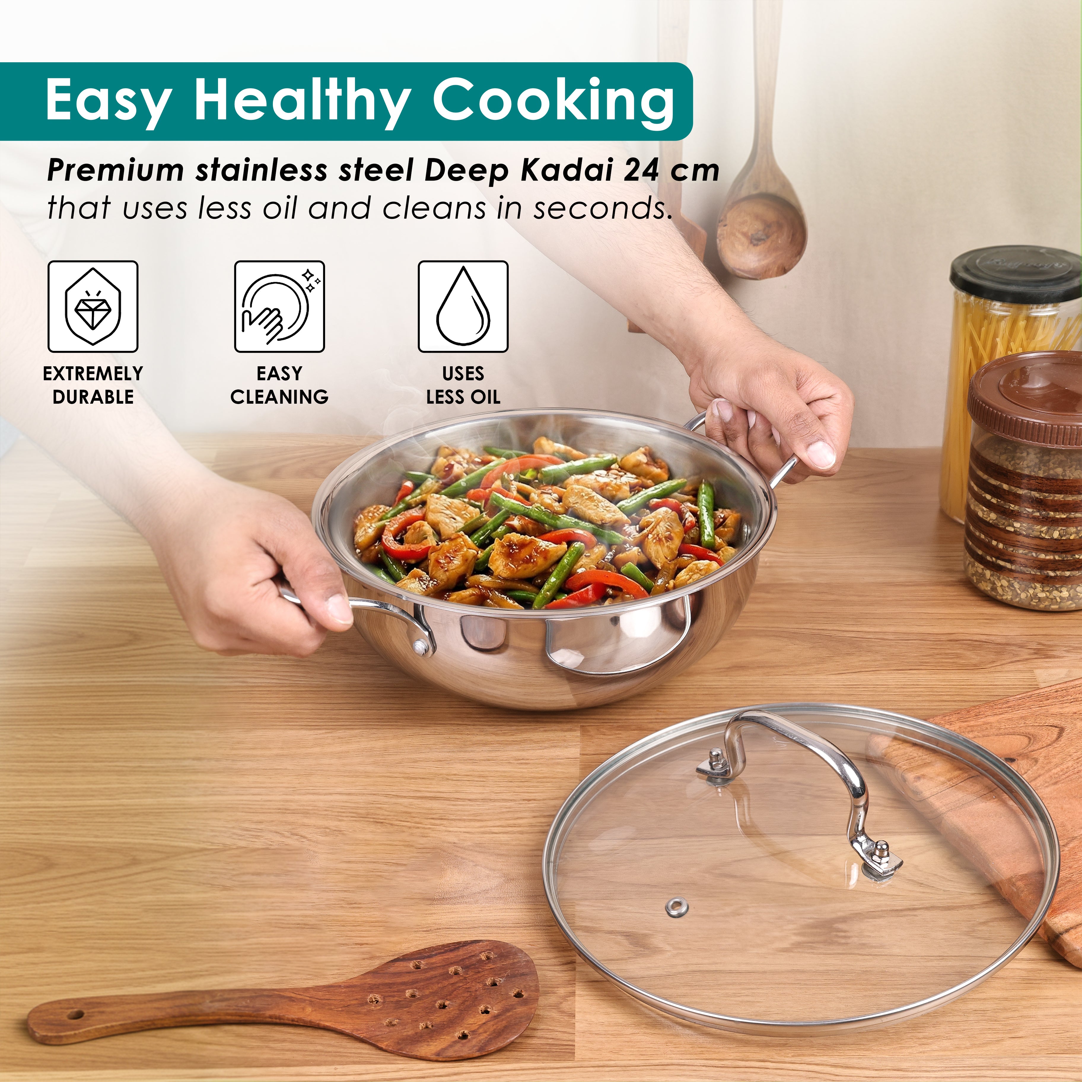 Premium TRI-PLY SAS Stainless Steel Deep Kadai with Lid (2.6 L) - HSG Kitchen Avartan Series