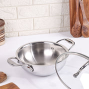 Premium TRI-PLY SAS Stainless Steel Deep Kadai with Lid (2.6 L)/24cm - HSG Kitchen Avartan Series