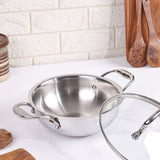 Premium TRI-PLY SAS Stainless Steel Deep Kadai with Lid (2.6 L)/24cm - HSG Kitchen Avartan Series