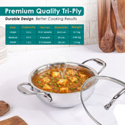 Premium TRI-PLY SAS Stainless Steel Deep Kadai with Lid (1.5 L)