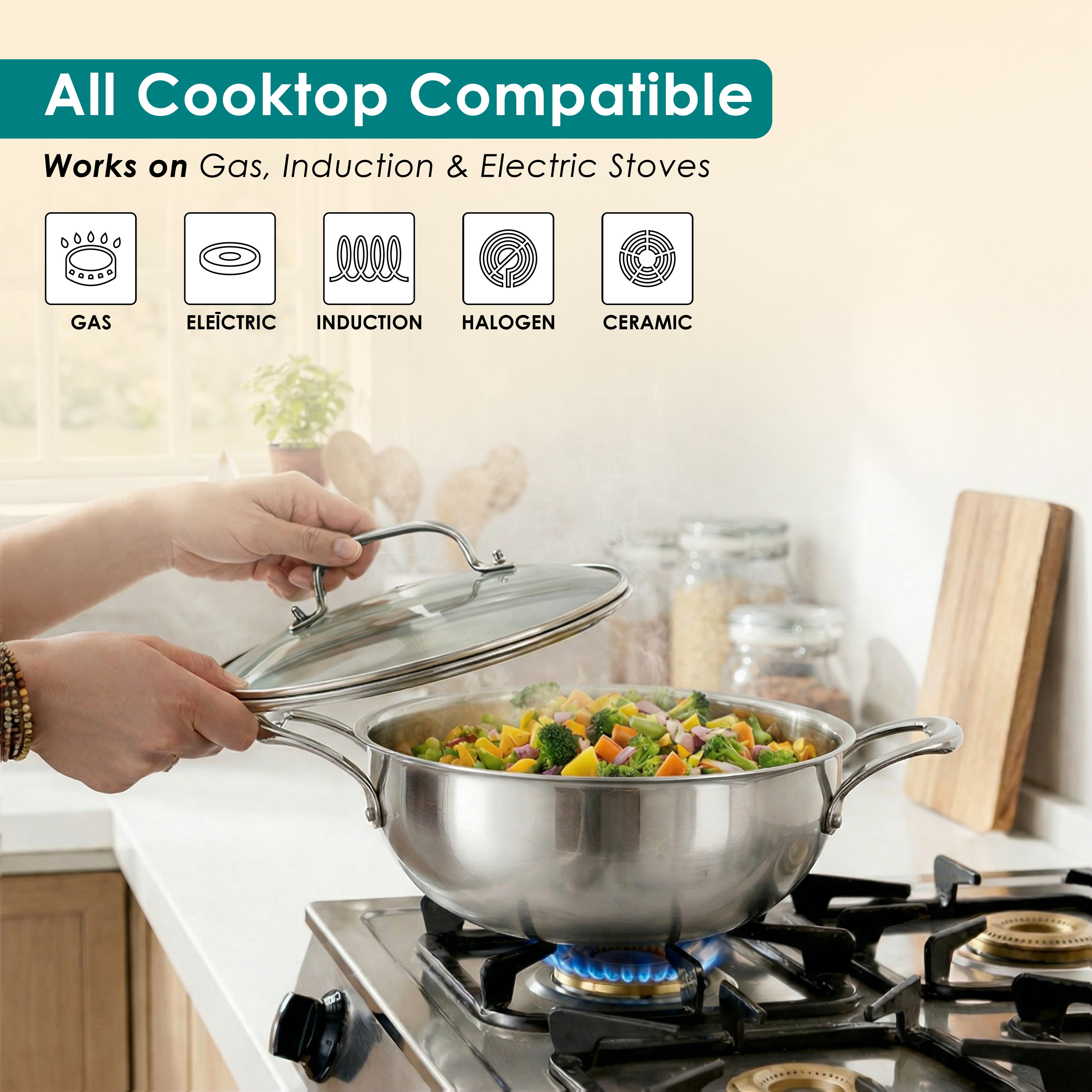 Premium TRI-PLY SAS Stainless Steel Deep Kadai with Lid (3.5 L) - HSG Kitchen Avartan Series