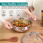 Premium TRI-PLY SAS Stainless Steel Deep Kadai with Lid (3.5 L) - HSG Kitchen Avartan Series