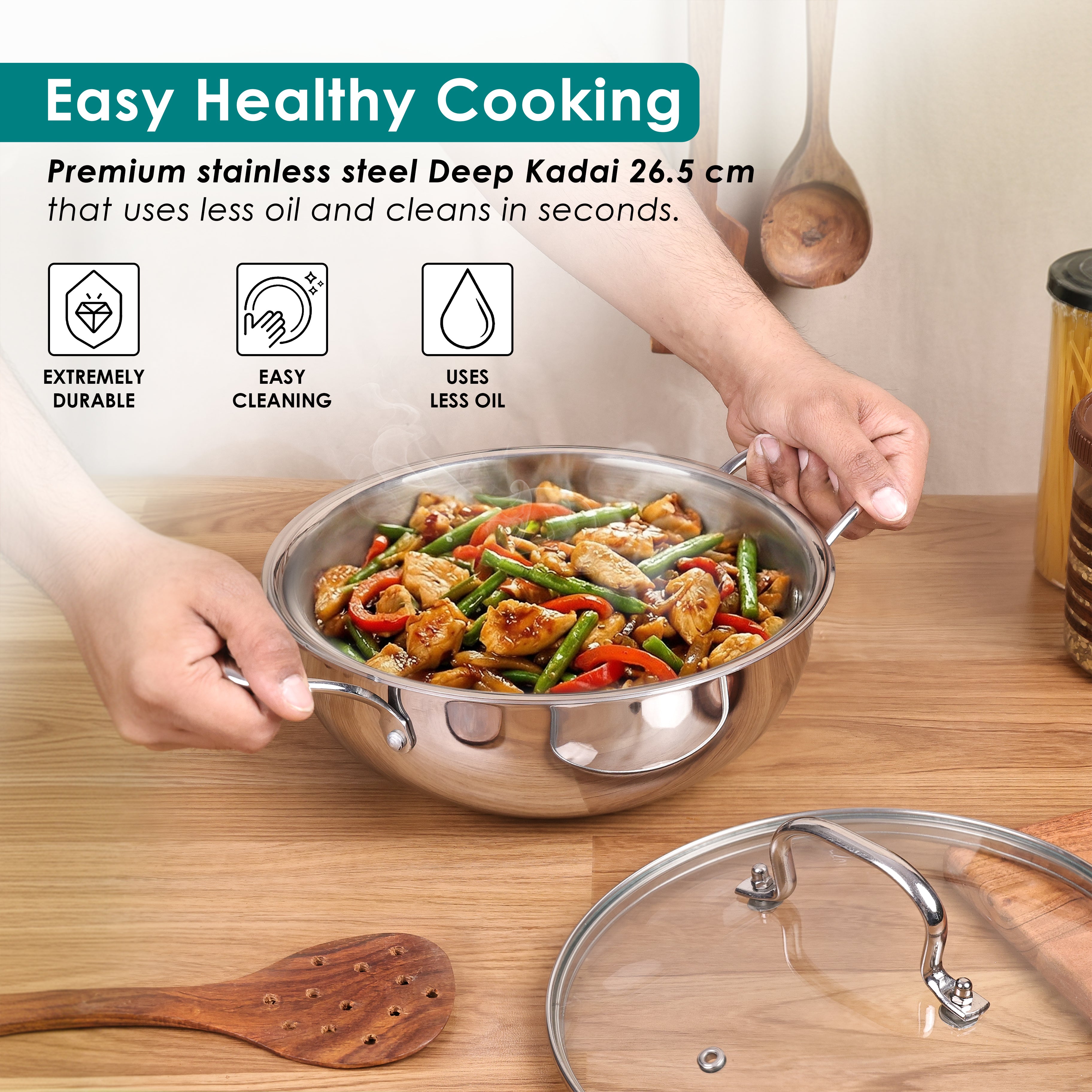 Premium TRI-PLY SAS Stainless Steel Deep Kadai with Lid (3.5 L) - HSG Kitchen Avartan Series