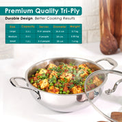 Premium TRI-PLY SAS Stainless Steel Deep Kadai with Lid (3.5 L) - HSG Kitchen Avartan Series