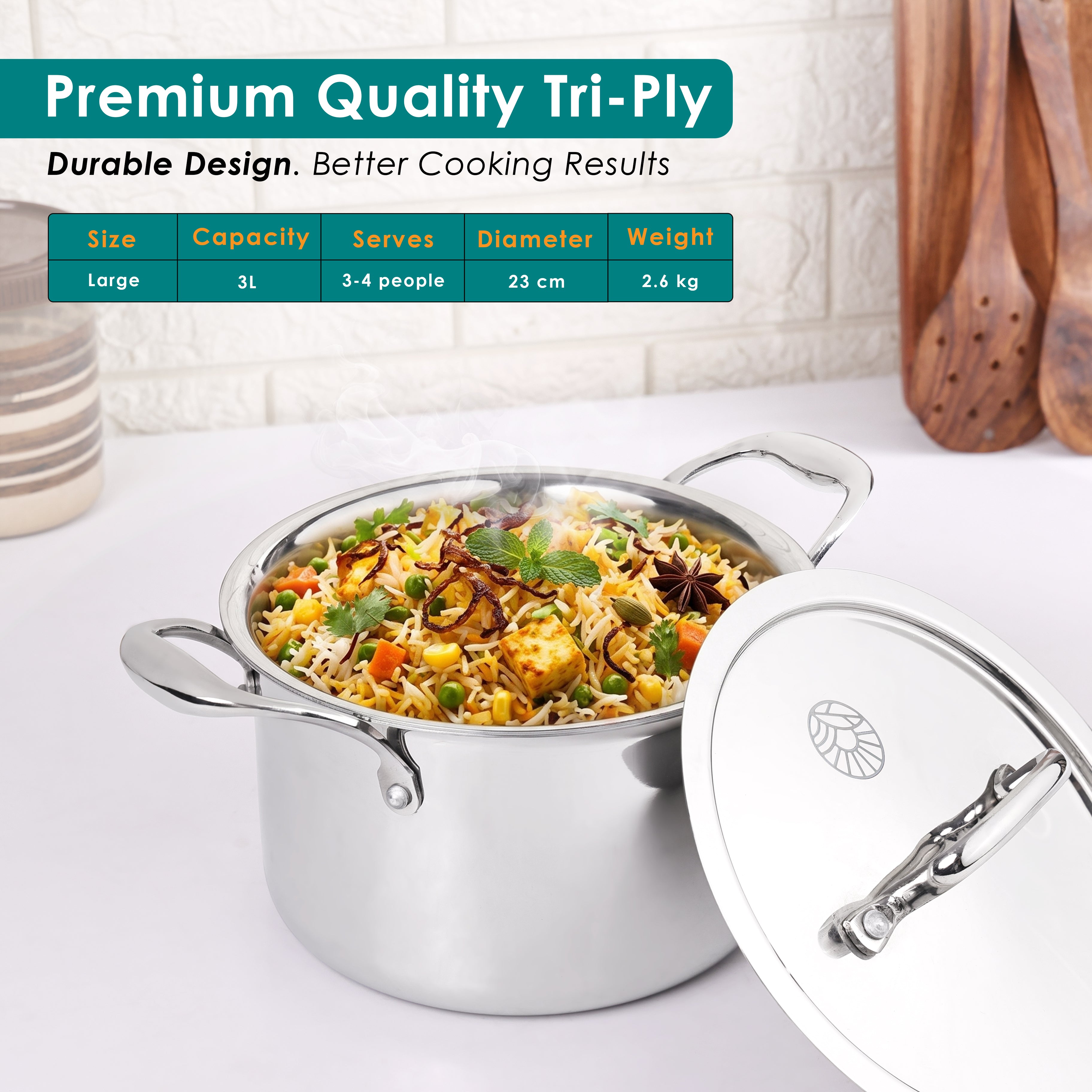 Premium TRI-PLY SAS Casserole 3L with Lid - HSG Kitchen Avartan Series