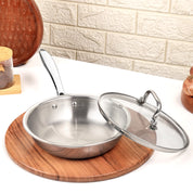 Premium TRI-PLY Triply Fry Pan Taper Side Style w/Glass Lid - 20 CM/1L - HSG Kitchen Avartan Series