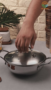 Premium TRI-PLY SAS Stainless Steel Deep Kadai with Lid (3.5 L) - HSG Kitchen Avartan Series